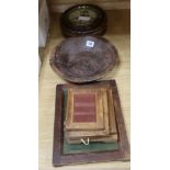 A Victorian eight day wall timepiece in ropetwist oak frame, a small hardwood bowl and wooden