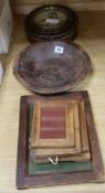 A Victorian eight day wall timepiece in ropetwist oak frame, a small hardwood bowl and wooden