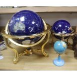 Three hardstone inlaid terrestrial globes on brass stands