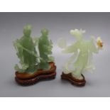 A 20th century Chinese carved bowenite jade figure of a courtesan and a similar group of a noble