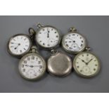 Six various base metal pocket watches including The Isthiam Lever.
