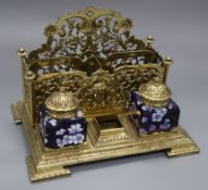 A Victorian ornate bronze inkstand height 21cm width 29cm