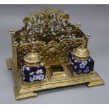 A Victorian ornate bronze inkstand height 21cm width 29cm