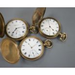 Three gold plated keyless hunter pocket watches.