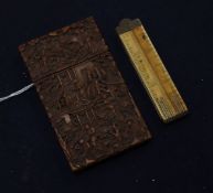 A carved Chinese box wood card case and an ivory rule
