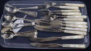 A set of six Edwardian silver dessert knives and forks with mother of pearl handles, Sheffield 1905,