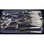 A set of six Edwardian silver dessert knives and forks with mother of pearl handles, Sheffield 1905,