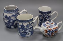 Three Chinese blue and white mugs, Qianlong period and a Chinese Imari teapot and cover, early