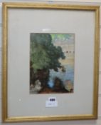 Sir George Clausen, watercolour and pencil, 'The Washing Place, Quimperle', signed, Fine Art Society