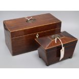 A 19th century mahogany tea caddy with two-division interior and glass bowl and a small
