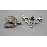 A Victorian yellow and white metal, diamond set swallow brooch and a later diamond and sapphire