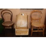 A 19th century pine child's rocking chair and two later cane seat childs chairs