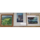 Elizabeth Browning, oil on board, Casole d'Elsa, 36 x 36cm and two landscape works by Robin Holtom