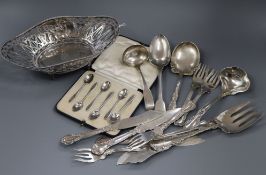 A Dutch pierced white metal oval basket, a quantity of sterling flatware, cased set of teaspoons,