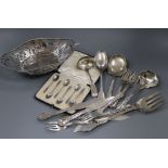 A Dutch pierced white metal oval basket, a quantity of sterling flatware, cased set of teaspoons,