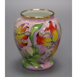 A Moorcroft Enamels miniature vase decorated with stylised fire lilies, boxed, 'AR' initials to base