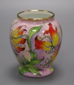 A Moorcroft Enamels miniature vase decorated with stylised fire lilies, boxed, 'AR' initials to base