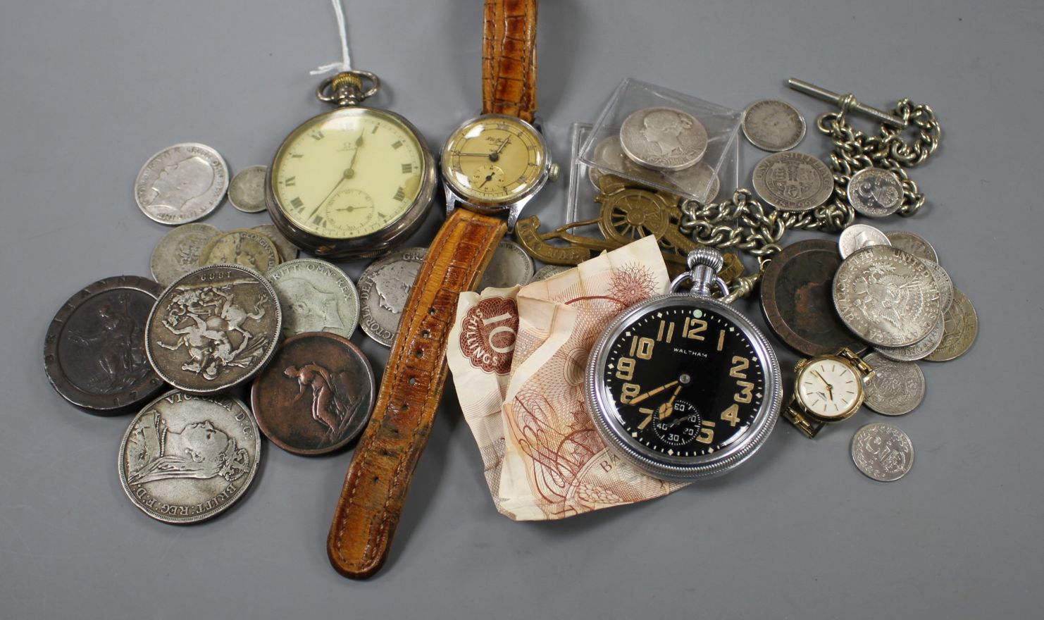 An Omega pocket watch, a Waltham military pocket watch, Benson Tropical wrist watch and assorted
