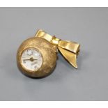 A yellow metal Sica globe fob watch, on a 9ct gold ribbon suspension brooch.