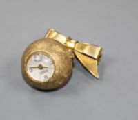 A yellow metal Sica globe fob watch, on a 9ct gold ribbon suspension brooch.