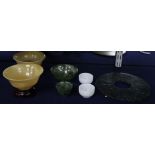 Six hardstone bowls and hardstone disc tallest 8cm incl. stand