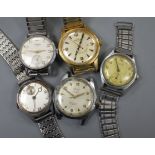 Four gentlemans' steel cased wristwatches and a gold plated Rodania wristwatch