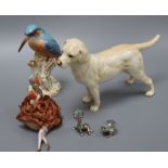 A Royal Worcester porcelain Kingfisher, 16cm, a Goebel porcelain labrador and a pin cushion doll