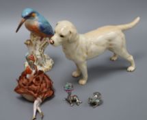 A Royal Worcester porcelain Kingfisher, 16cm, a Goebel porcelain labrador and a pin cushion doll