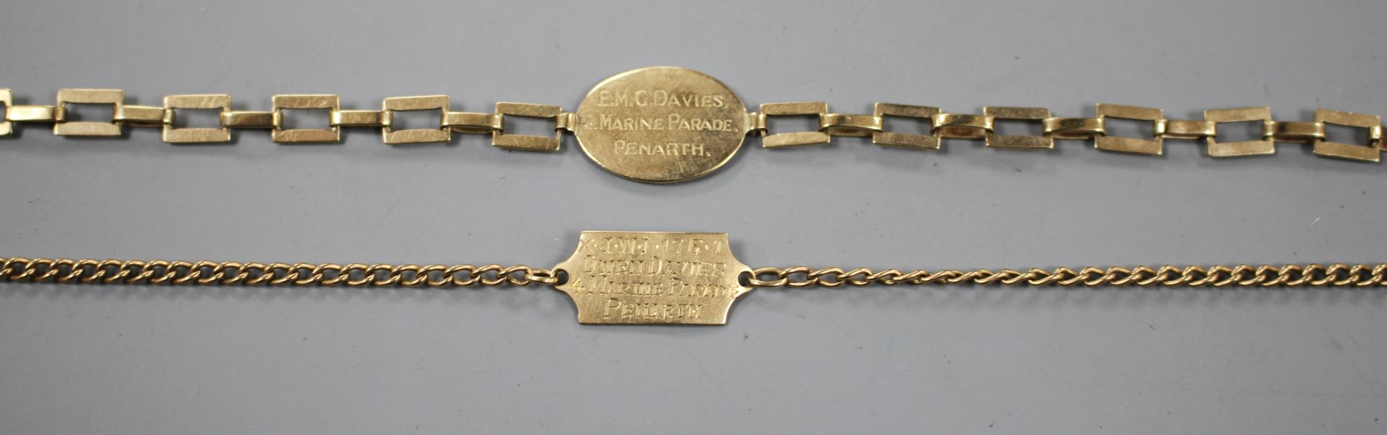 Two 9ct identity bracelets, one with no clasp, largest 19cm., 9.4 grams