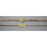 Two 9ct identity bracelets, one with no clasp, largest 19cm., 9.4 grams