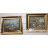 A. Hess, pair of oils on board, Shipping off the coast, signed, 19 x 24cm