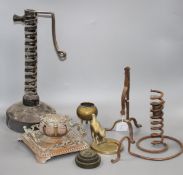 Two Victorian rush lights, ink stand, cat ashtray and assorted metalware