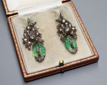 A pair of antique yellow metal, emerald and rose cut diamond set foliate earrings, with GCS