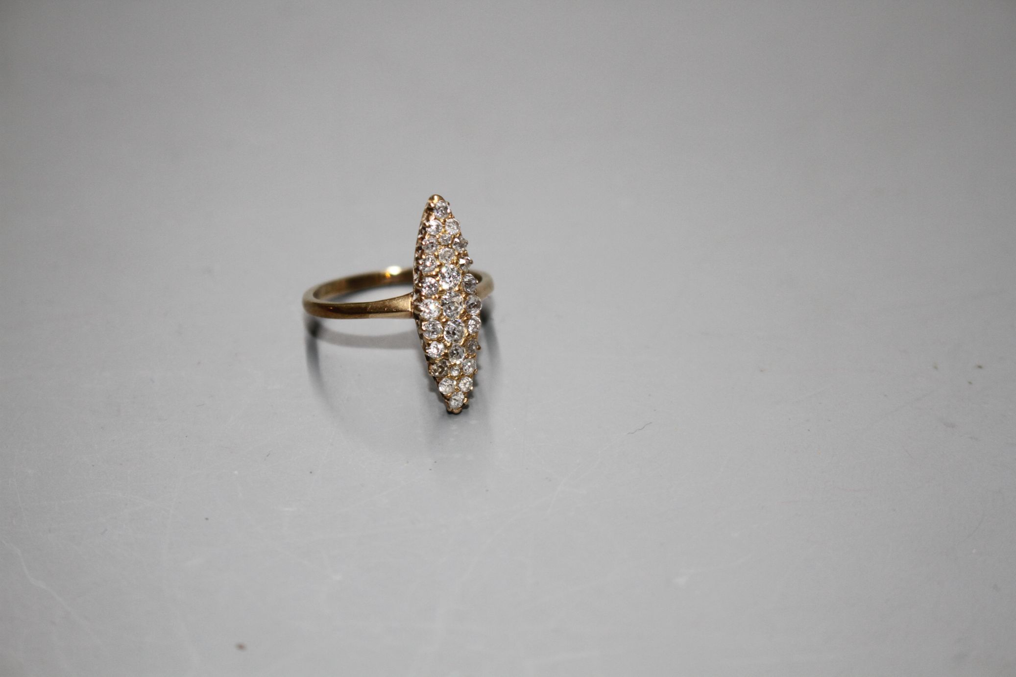A yellow metal (tests as 18ct) and old round cut diamond set marquise cluster ring, with a total - Image 4 of 7