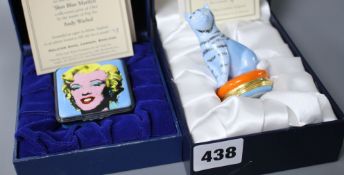 Two Halcyon Days enamels novelty boxes: 'Shot Blue Marilyn', no.75/500, 5.5cm and 'Sam', no.4/250,