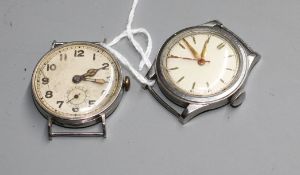 Two gentleman's mid 20th century stainless steel wrist watches, no straps. Condition: Watch with