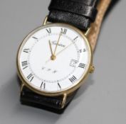 A gentleman's 9ct gold quartz? dress wrist watch, with Roman dial and date aperture, on associated