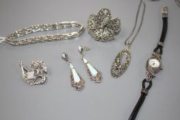 Six assorted items of marcasite jewellery including a pair of earrings, ring, brooch, bracelet and a