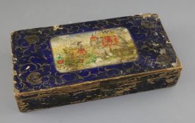 A Tibetan painted wood painting box, 19th century, the cover decorated with the figure of luohan
