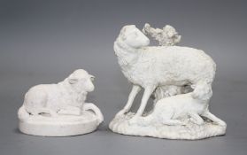 A Derby biscuit porcelain group of a ewe and lamb, late 18th century and a similar figure a