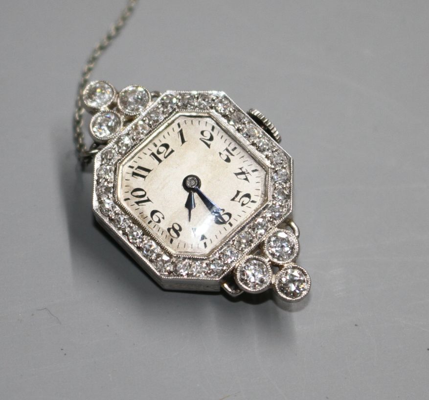 A lady's platinum and diamond set manual wind wrist watch (no strap) now with brooch fitting, - Image 2 of 5