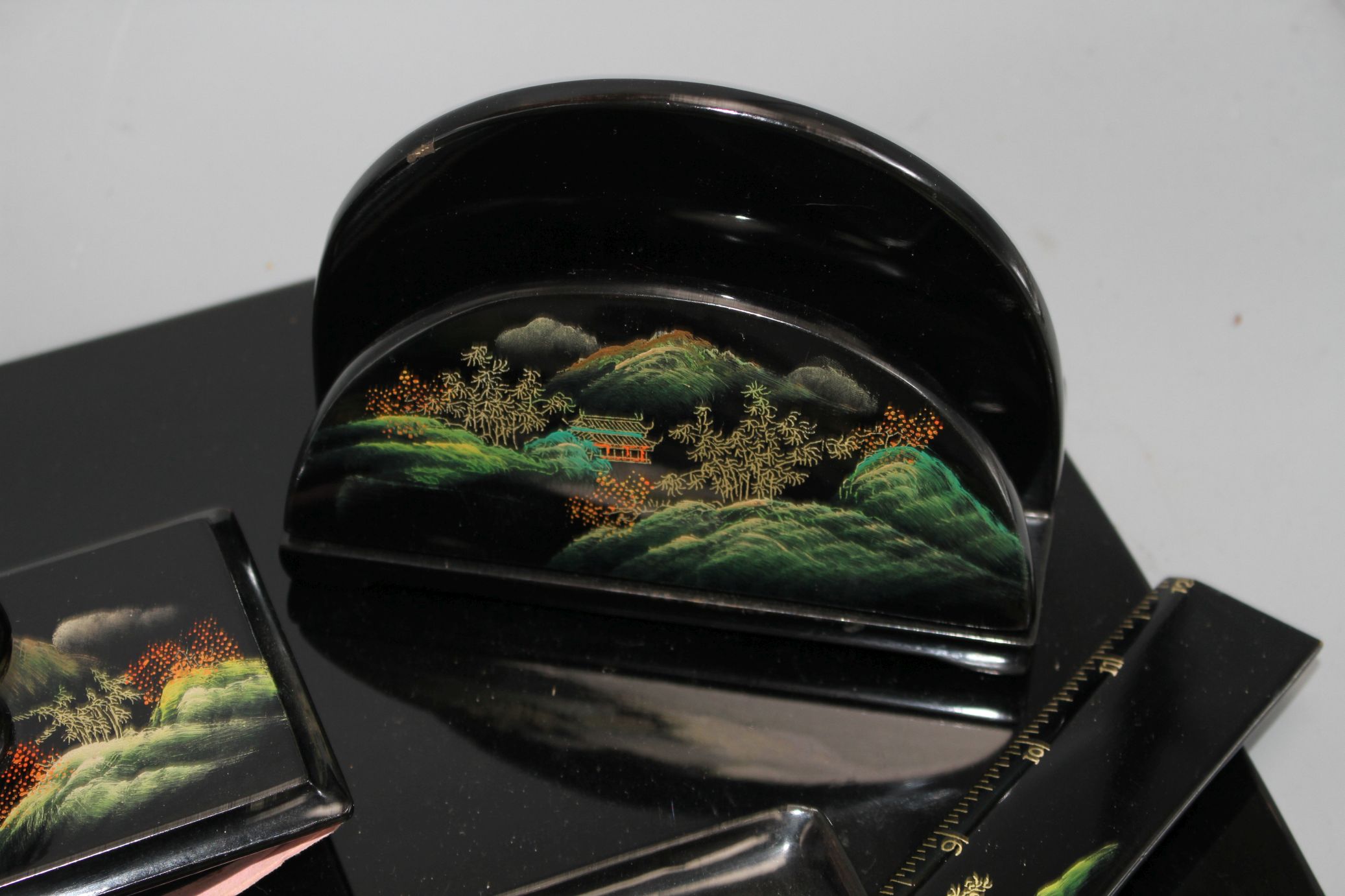 A Chinese Fuzhou (Foochow) lacquer desk set, mid 20th century, tiny flake loss to the edge of the - Image 5 of 8