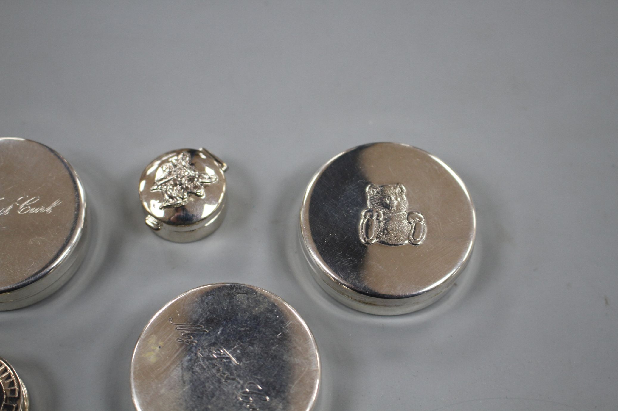 Six modern silver 'tooth fairy' circular boxes, including two 'My First Curl' boxes and one - Image 6 of 12