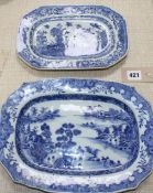 Two 18th century Chinese blue and white octagonal meat plates, 25cm and 31cm, a circular plate