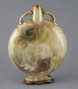 An unusual Doulton Lambeth moonflask, c.1895, decorated with pink lustre and and green enamelled