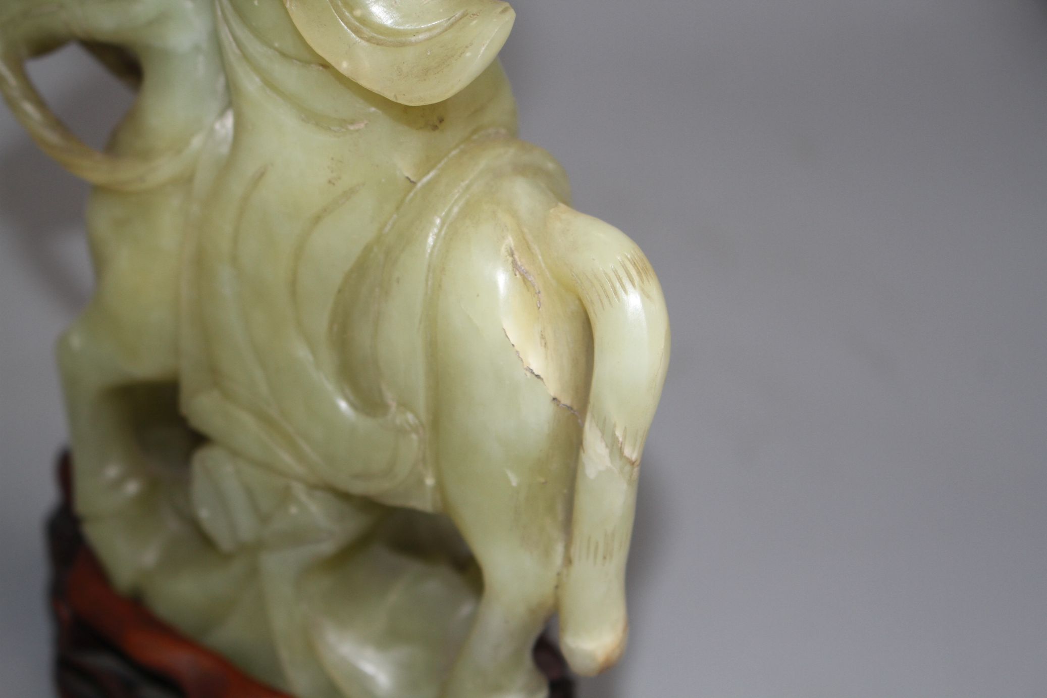 A pair of Chinese bowenite jade groups of a lady riding a horse, wood stands natural inclusions - Image 5 of 9