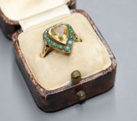 A 1960's 9ct gold, heart shaped citrine and turquoise bead set heart shaped dress ring, size N.