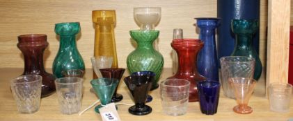 A collection of assorted coloured glassware including hyacinth vases, tallest 21cm Condition: A