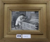 English School, c.1900, oil on board, monochrome original book illustration, boy and pug dog looking