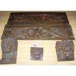 Three 19th century Continental carved oak corbels, carved with lion masks and a pair of scroll and